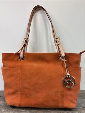 Michael Kors Burnt Orange Suede Tote Bag | Leather Shoulder Bag Gold Logo Charm